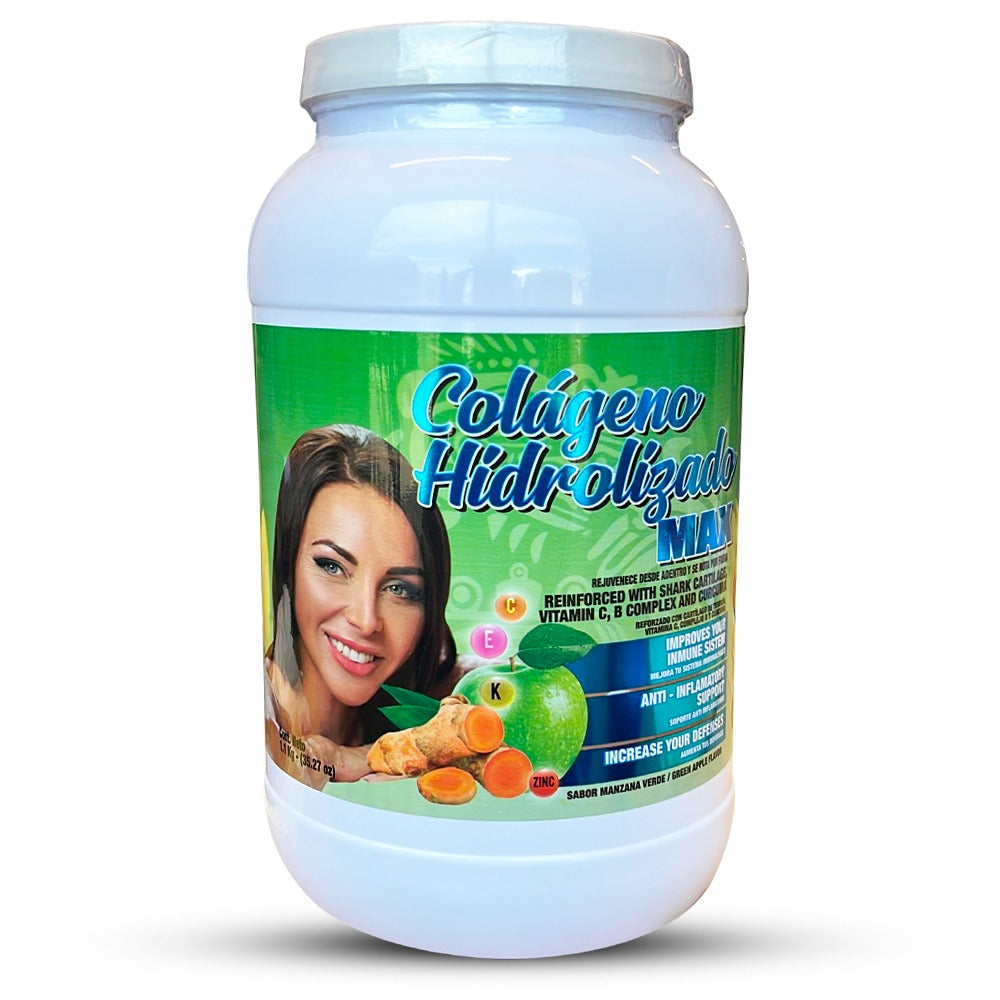 Colageno Hidrolizado MAX En Polvo Sabor Manzana Verde 1.1 Kg - 35.27 Oz Elasticidad Reduce Inflamacion Fortalece Musculos