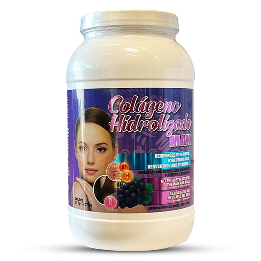 Colageno Hidrolizado MAX En Polvo Sabor Uva Frutos del Bosque 1.1 Kg - 35.27 Oz Elasticidad Reduce Inflamacion Fortalece Musculos